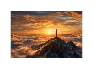 mountain cross canvas art with golden sunrise for peaceful decor.