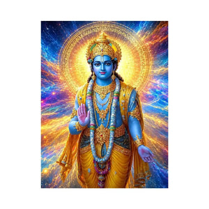 Lord Vishnu canvas art with cosmic blue and gold light for spiritual decor.