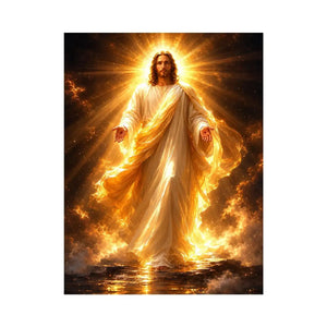 Radiant Jesus canvas art with golden light for spiritual living room decor.