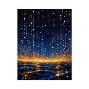 Vertical blue and gold abstract light canvas for modern bedroom decor.