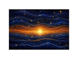 Horizontal blue and gold abstract horizon canvas for modern living room decor.