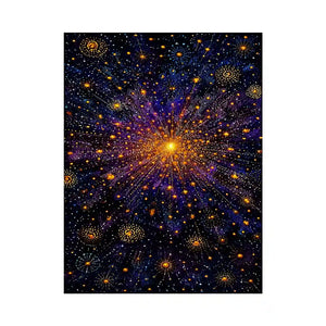 Abstract cosmic gold and purple canvas art for modern living room decor.