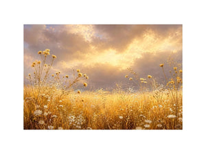Golden wildflower meadow canvas print for warm bedroom and living room decor.