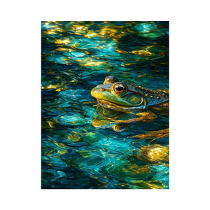 Dreamy teal and gold frog canvas art for modern living room decor.