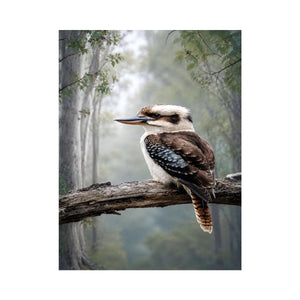 Kookaburra bird canvas art in misty forest for modern living room decor.