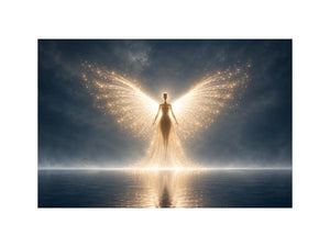 Ethereal angel artwork with glowing wings for peaceful bedroom decor.