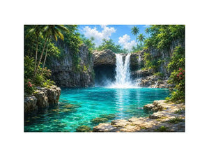 Tropical waterfall canvas art with turquoise lagoon for modern room decor.