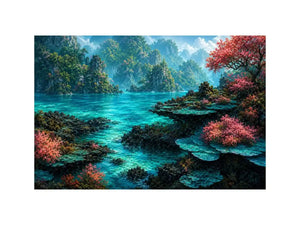 Tropical turquoise landscape canvas art for coastal room decor.