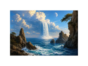 Surreal ocean waterfall canvas art with moonlit cliffs for statement living room decor.