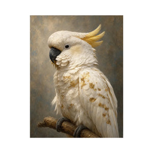 White cockatoo portrait canvas art with gold accents for elegant modern decor.
