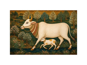 Traditional white cow and calf canvas art for warm dining room decor.