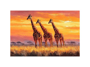 Horizontal giraffe sunset canvas art for warm living room decor.