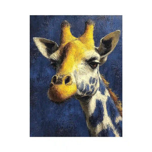 Blue giraffe portrait canvas art for modern office and hallway decor.
