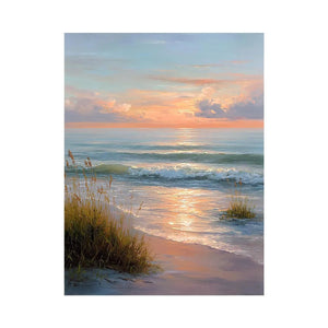 Soft sunset beach canvas art with waves and grass for elegant coastal bedroom decor.