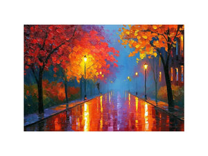 Autumn pathway canvas art with glowing lamps and wet reflections for warm living room decor.