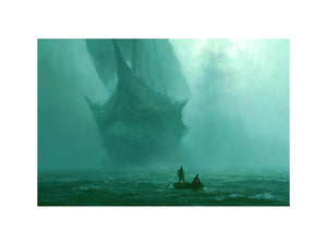 Misty teal boat canvas art beneath cliffs for moody modern office or bedroom decor.