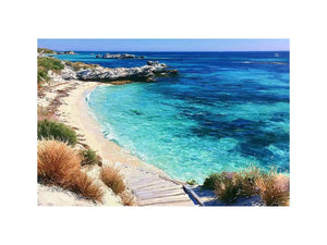 Clear turquoise beach canvas art with walkway and rocks for fresh coastal living room decor.