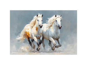 Two running white horses canvas art with textured neutral style for living room decor.