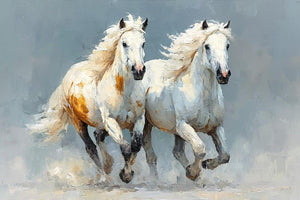 Two running white horses canvas art with textured neutral style for living room decor.