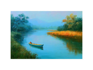 Calm river boat canvas art with trees and reflections for peaceful bedroom decor.