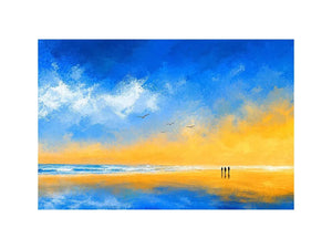 abstract beach canvas art with blue sky and golden sand for coastal living room decor.