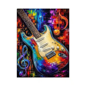 Bold electric guitar canvas art with colourful music notes for modern room decor.