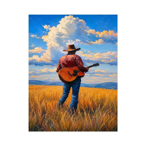 Cowboy with guitar in golden prairie canvas art for rustic farmhouse decor.