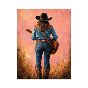 Western cowgirl with guitar canvas art in soft pink tones for bedroom decor.
