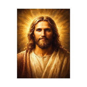Serene Jesus portrait canvas art with golden light for traditional home decor.