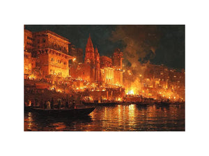 Moody riverside city canvas art with firelight and boats for dramatic decor.