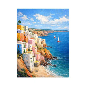 Vertical Mediterranean cliffside village canvas art with blue ocean for coastal decor.