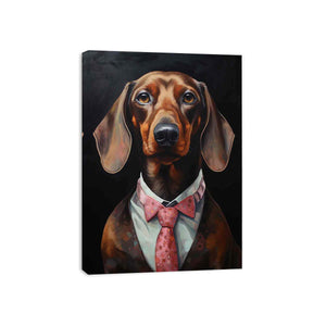 Dachshund portrait canvas art with pink tie and black background for stylish office decor.