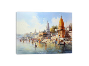 Watercolor temple river canvas art with ghats and boats for peaceful home decor.