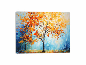Orange autumn tree canvas art with blue sky for bright modern living room decor.