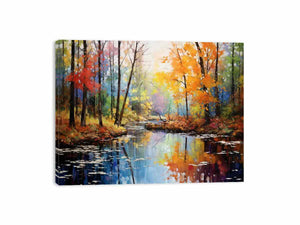 Autumn forest creek canvas art with colorful trees and water reflections.