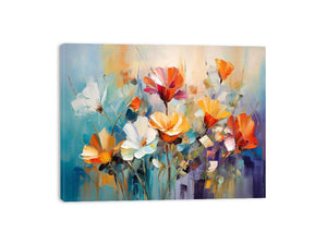 Colorful floral canvas wall art with orange and white flowers for living room decor.