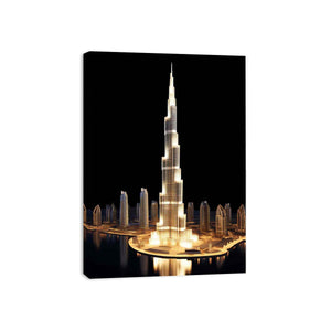 Gold Burj Khalifa canvas art on black background for luxury office decor.