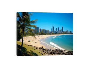 Burleigh Heads beach canvas art with palm tree and ocean for coastal living room decor.
