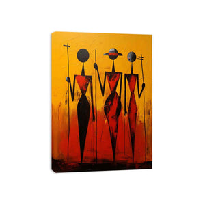 Bold African-inspired abstract figures in red and black for modern living room decor.