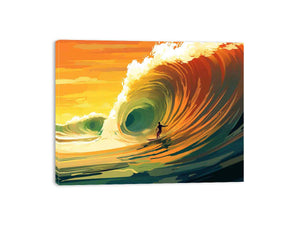 Surfer riding a glowing orange ocean wave at sunset for coastal living room wall art.