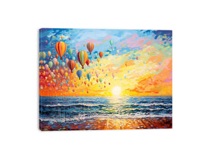 Colorful hot air balloons over ocean sunrise for joyful coastal living room wall decor.