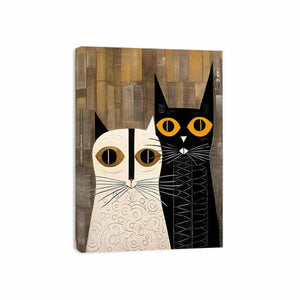 Abstract black and white cat canvas art with gold eyes for stylish bedroom decor.