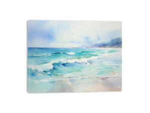 Turquoise watercolor ocean wave canvas art for modern coastal living room decor.