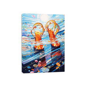Bright flip flops ocean canvas art with shells for playful beach house decor.
