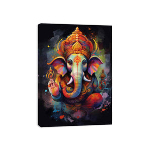Vibrant Ganesha canvas art with colorful spiritual style for modern living room decor.