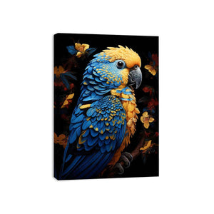 Blue and yellow macaw canvas art with tropical flowers for modern living room decor.
