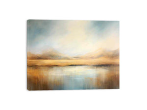 Neutral misty mountain lake canvas art for calm modern bedroom or living room decor.