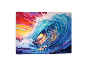 Colorful ocean wave canvas art with rainbow sunset tones for coastal living room decor.