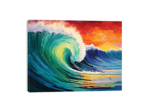 Vibrant teal ocean wave canvas art with sunset sky for coastal living room decor.