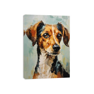 Expressive dog portrait painting with soft sage background for modern bedroom decor.